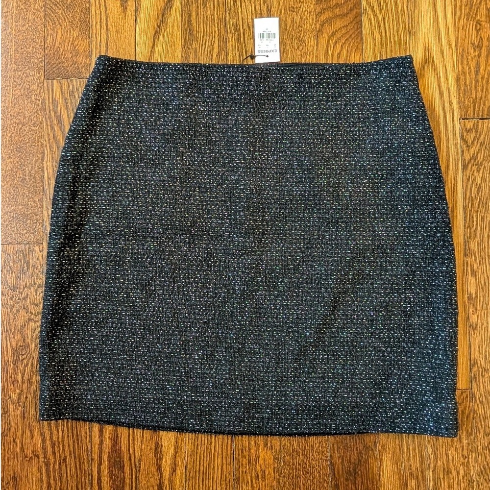Express Metallic Tweed Mini Skirt Black Silver Textured Side Zip Med Bodycon Y2K